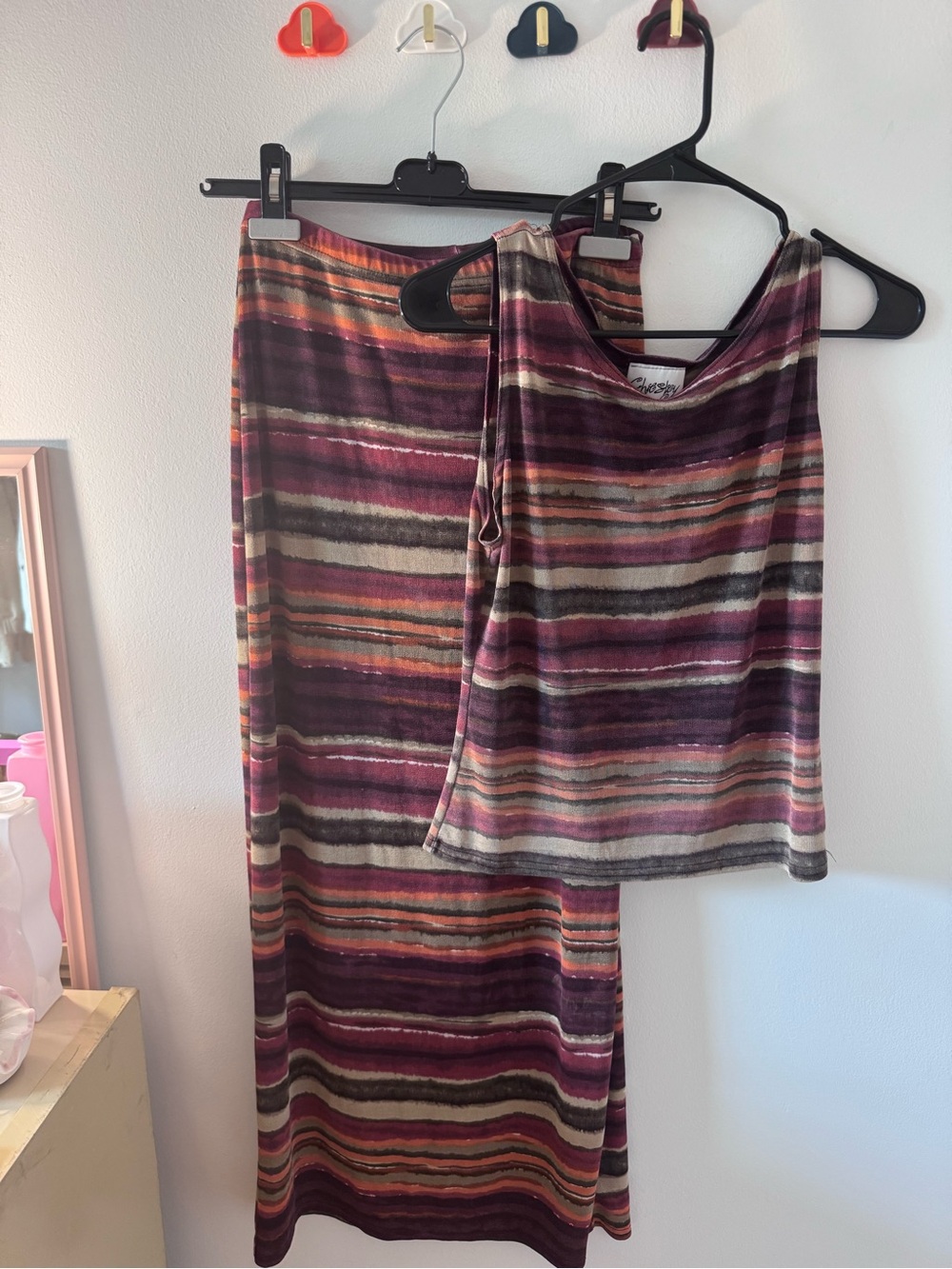 90’s Chesley Striped Maxi Skirt Set in Burgundy, Pink and Tan